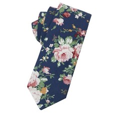 Men's Cotton Printed Floral Neck Tie Skinny Tie Navy Blue Big Pink Floral