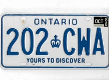 ONTARIO passenger 1988 license plate "202 CWA" ***NATURAL***