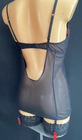 Ann Summers Underwired Suspender Cami Black Ultra Sheer Mesh & Lace, UK 34C