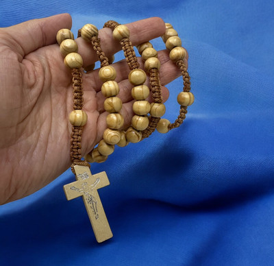 Rosary Necklace Unisex Wooden Brown Carved Beads Strong Cord Rope Catholic 