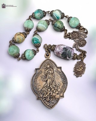 Mary Queen of Heaven, St Teresa Chaplet Heirloom Bronze Large Medal Green Jade