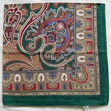 VTG Mens Bandana Green Cotton Red Blue Folklore Damask Pattern Handkerchief 20"