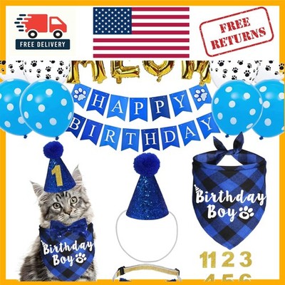 Stylish Blue Plaid Cat Birthday Party Supplies with Adjustable Fit for All Sizes