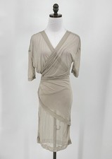 Preen by Thornton Bregazzi Gray Sheer Short Sleeve Faux Wrap Bodycon Dress