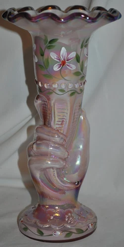 Fenton Glass QVC Handpainted Hand Torch Dusty Rose Overlay Plum Edge 11" VASE