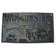 Winchester Rifles Brass Belt Buckle - Antique Style 1970s Repeating Arms Guns