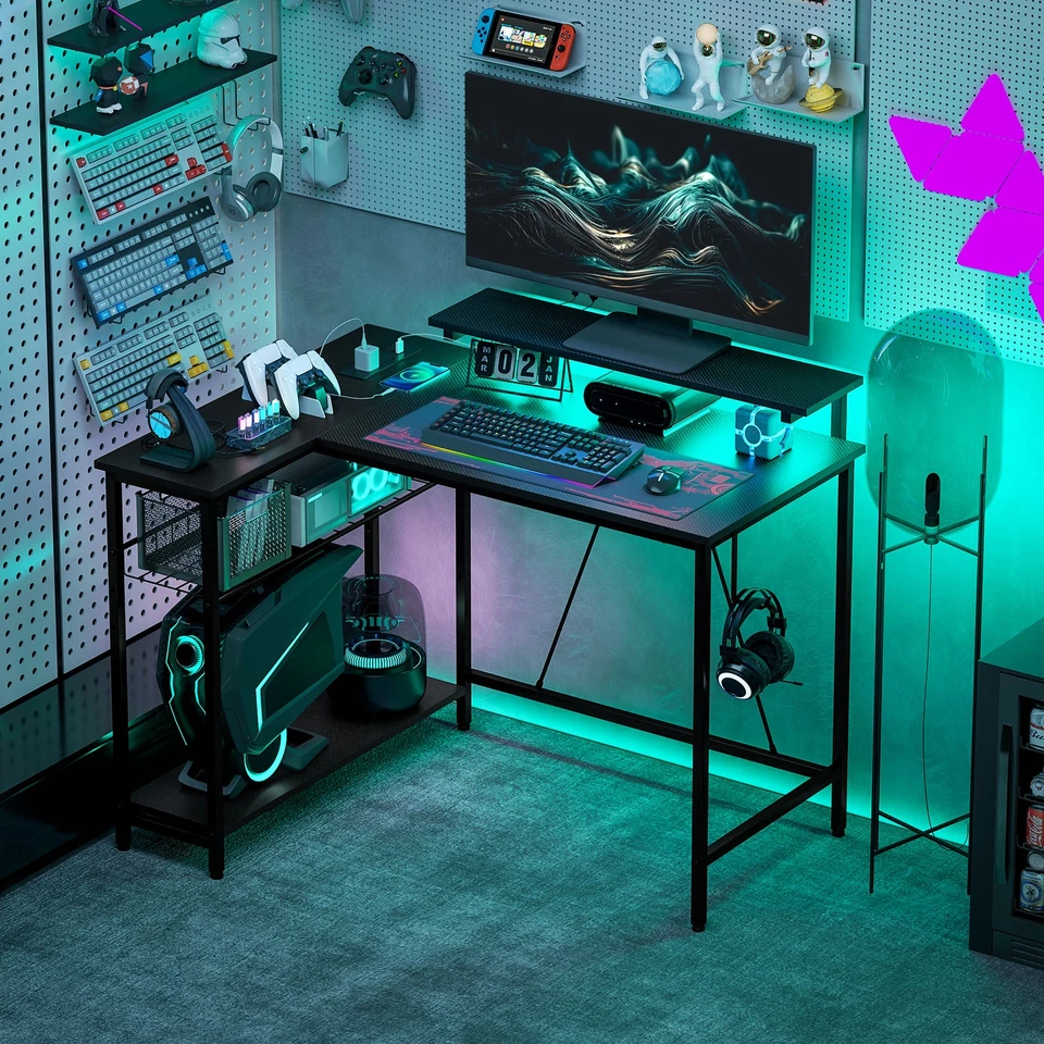 HOMCOM L Shaped Desk with LED Lights Reversible Corner Gaming Desk with Storage - Image 2 of 4