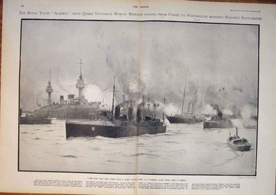 Original alter antiker Druck Royal Yacht Alberta Victoria Cowes Schlachtschiffe 1901