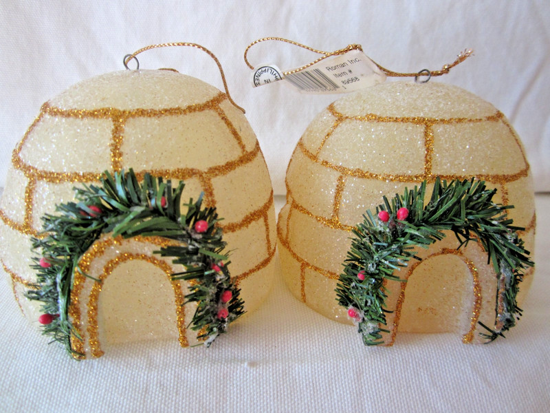 Lot of 2 Plastic Dome IGLOO w/Gold Glitter Accents Roman Inc Xmas Ornaments