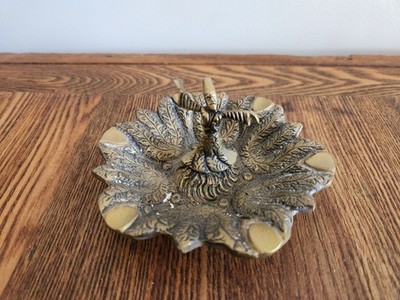 Vintage Brass Dervish Dance Etched Leaves Flowers Ashtray 4''