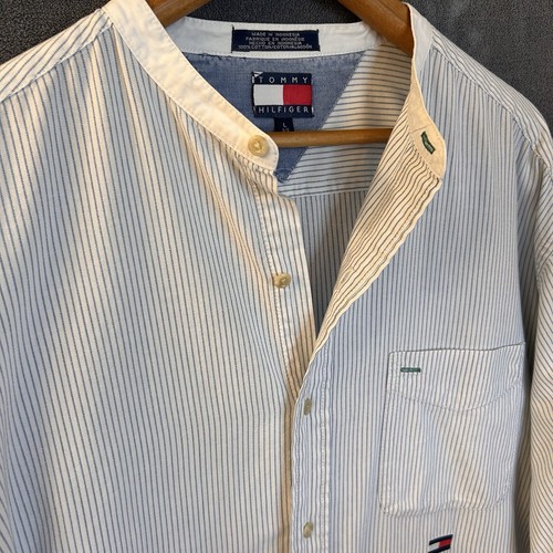 Vintage Tommy Hilfiger langärmliges Button-Down-Hemd mit gebändertem Grandad-Kragen ~ Large