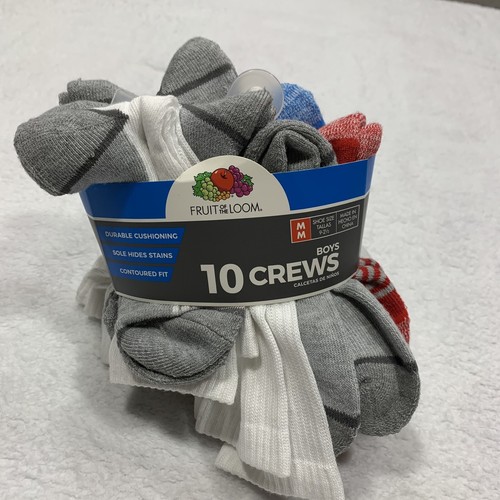 Fruit of the Loom Boys 9-2.5 Medium 10 pk Crew Socks Contoured Fit Durable NWT