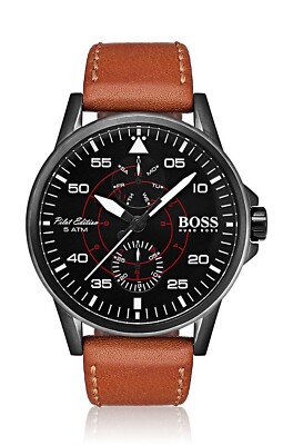 New Hugo Boss 1513517 Aviator Pilot Brown Leather Strap Men’s Watch