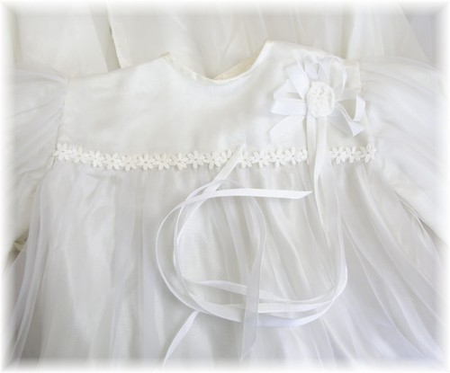 Vintage Baby Daisy Chain Pleat Overlay Satin Lined Christening Bell Sleeve Gown - Picture 4 of 8