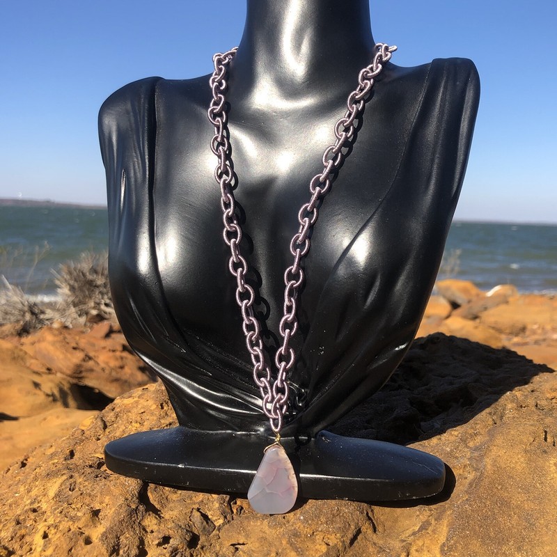 Sweet Lavender Purple Agate Pendant w/ Macrame Chain Link Necklace