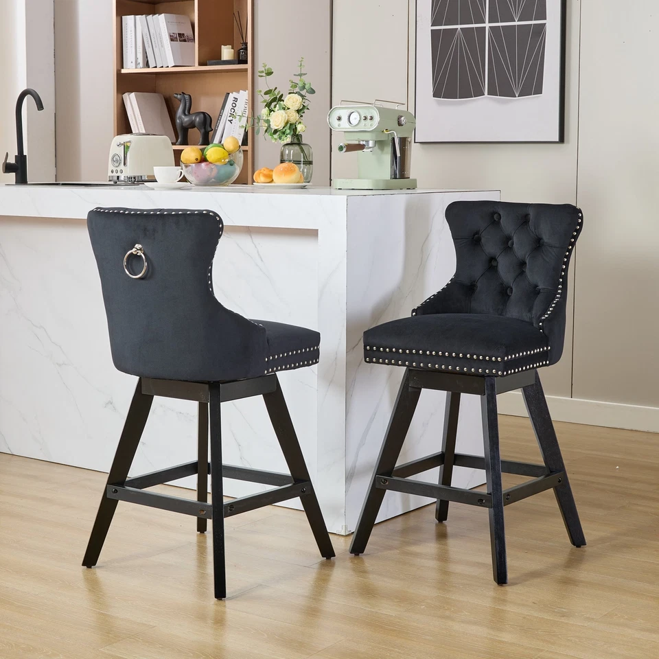 2Set 25.9" Counter Height Bar Stools Swivel Velvet Bar Stools W/ Wood Legs Black - Image 2 of 4