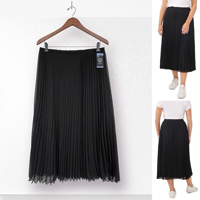 Vince Camuto Chiffon Pleated Midi Skirt L Black Pull-On Lined