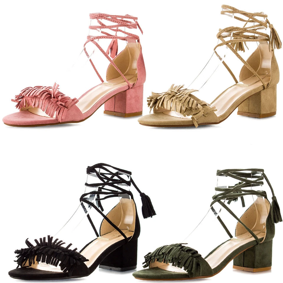 Women Fringe Open Toe Tassel Leg Wrap Lace Up Pump Sandal Chunky Med Low Heel US - Image 2 of 2