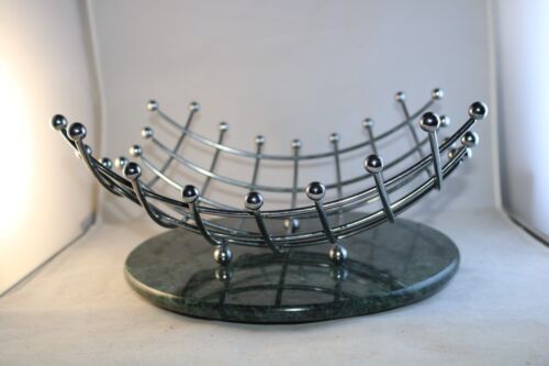 Vintage MCM Metal Fruit Bowl Chrome Silver Ball Feet Atomic Grid Curve 12" x 12" - Picture 3 of 9