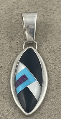 Jay King DTR Desert Trading Co. Sterling Onyx, Turquoise, MOP Pendant  2 1/4''