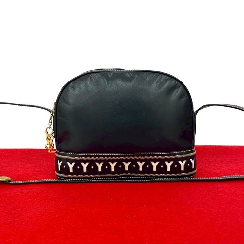 Yves Saint Laurent YSL Logo Navy Leather Shoulder Bag Vintage Auth