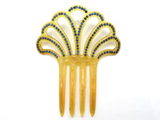 VINTAGE ART DECO CELLULOID HAIR COMB BLUE RHINESTONE FAN SHAPE HAIR PICK ANTIQUE