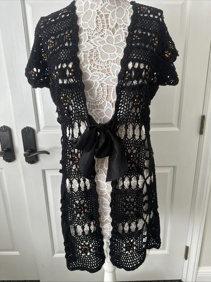 Suéter negro de ganchillo delantero manga gorra de algodón BOSTON APROPIADO talla L Foto 2 de 4