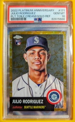 2022 Topps Chrome Julio Rodriguez Platinum Anniversary Cream/Gold Ref /50 PSA 10