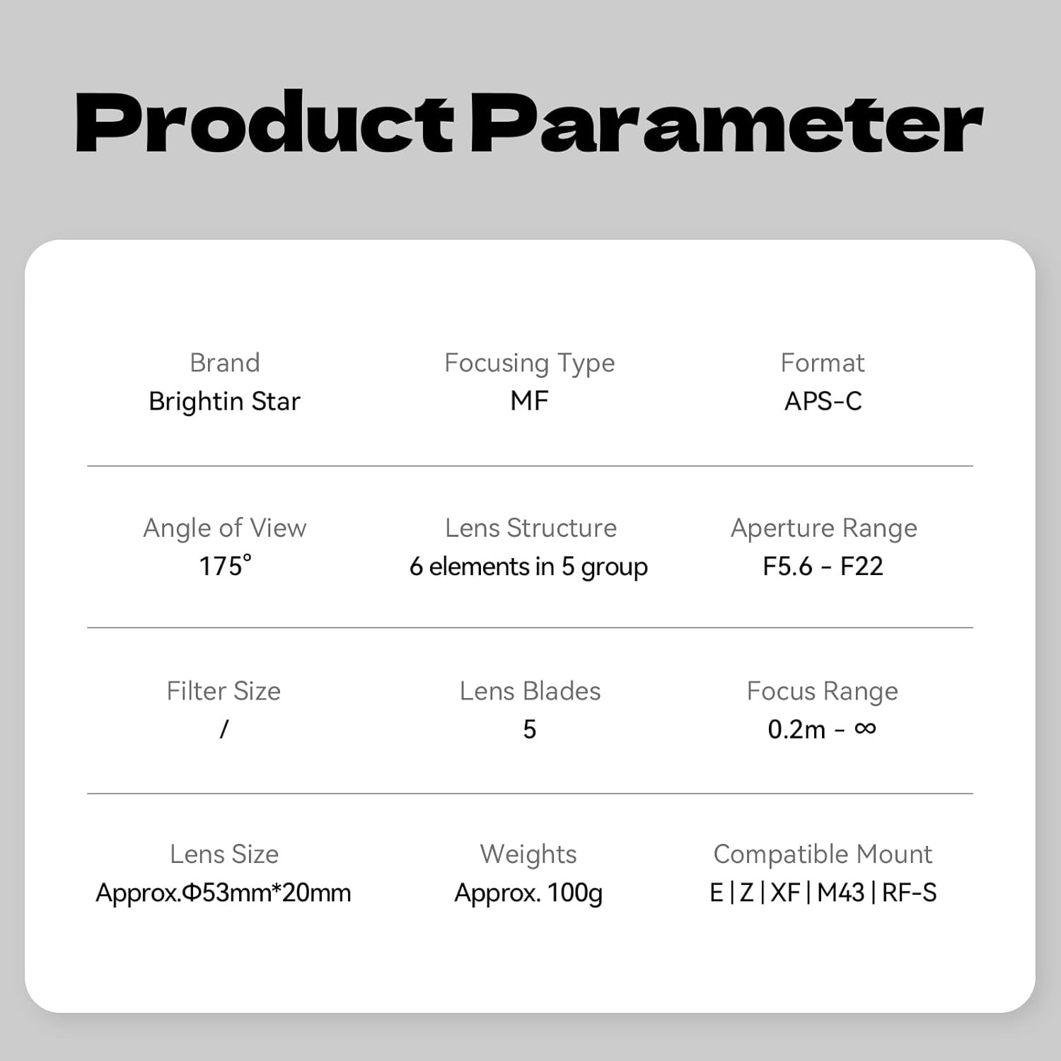 Brightin Star 10mm F5.6 Pro APS-C Ultra-Wide Angle Fisheye Lens for X/E/Z/FR/M43