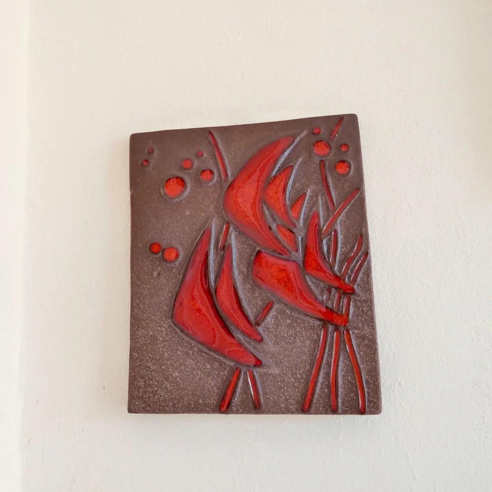 Bückeburg Kunst Keramik Wand Platte relief Bild Helge Pfaff Fische Vintage - Bild 3 von 4