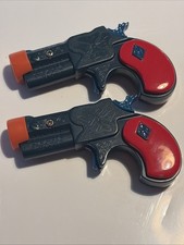 Derringer Miniature Two Toy Cap Gun Pistols Blue with Red Handle