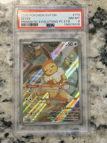 2025 POKEMON PRISMATIC EVOLUTIONS POKEMON CENTER ETB SVP PROMO EEVEE #173 PSA 8