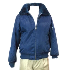 Blair Bomber Jacket Mens Medium Acrylic Fur Collar Orange Quilted Lining Blue