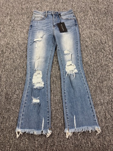 Risen Jeans Women 29/9 High Rise Distressed Flare Frayed Hem Stretch Denim NWT