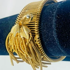 Vintage Signed Alice Caviness Gold Tone Wire Filigree Mesh Leaf Bracelet RARE