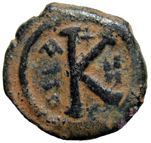 MEZZO FOLLIS BRONZO. GIUSTO II E SOFIA, 565-578 D.C. COSTANTINOPOLI COME NUOVA. - Foto 2 di 5