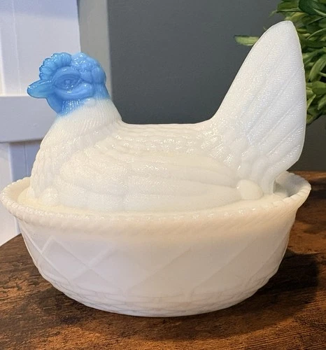 Vintage Westmoreland Milk Glass Hen on Nest – 5" Blue Slag Head