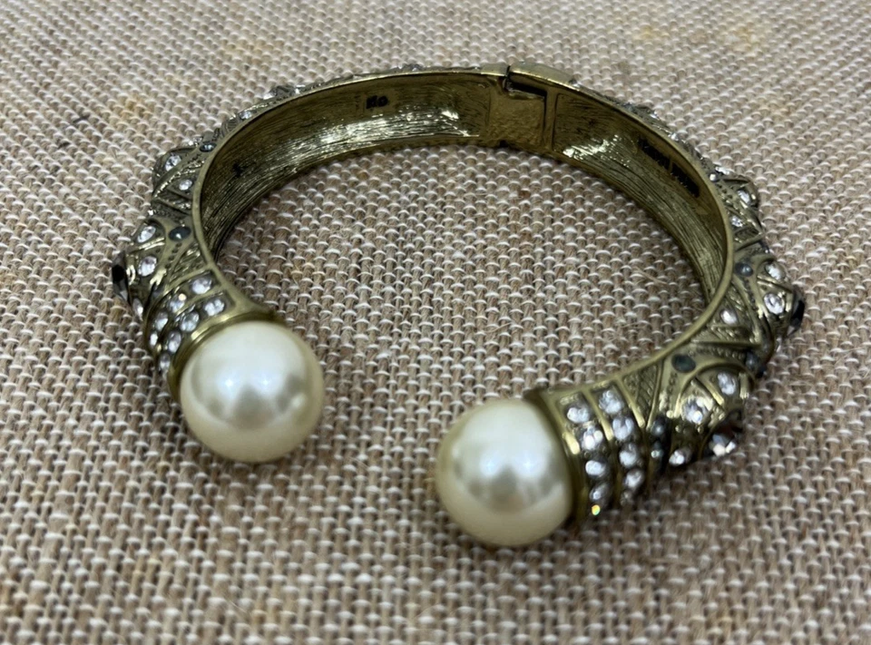 Heidi Daus Bracelet Gold Tone Pearl Hinged Rhinestone Bangle Art Deco Cuff - Image 2 of 4