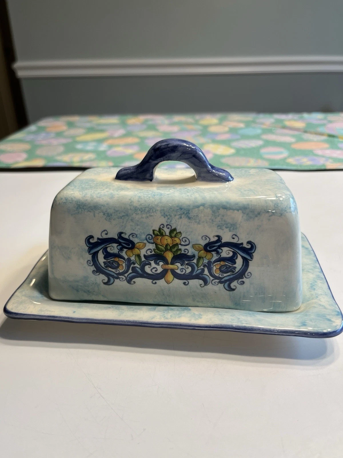 Pietra Italia Venice Blue Butter Dish w Underplate Hand Made Italy