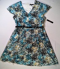 Alex Marie Dress Cap Sleeve Browns Teals Off White Belt Sewn Pleats Lined Sz 18W