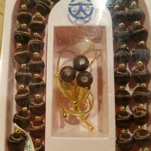 Korean Fabric Necklace, Pin, Earrings Brown Beads Hand Spun Vtg - Swanky Barn - Picture 11 of 12