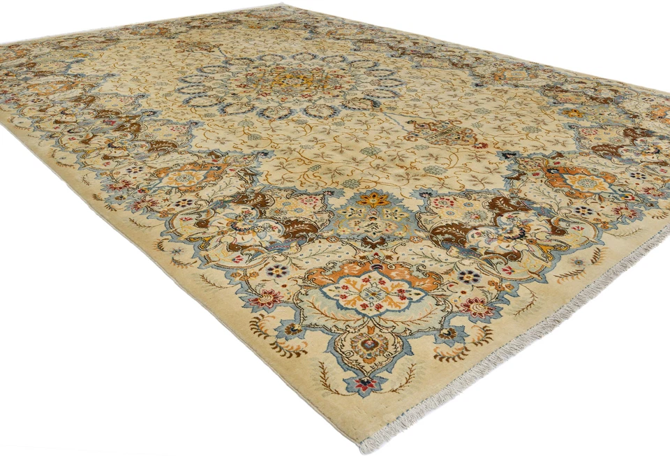 Handmade Semi-Antique Oriental Rug Beige Medallion Traditional Carpet 9X13 ft - Image 4 of 4