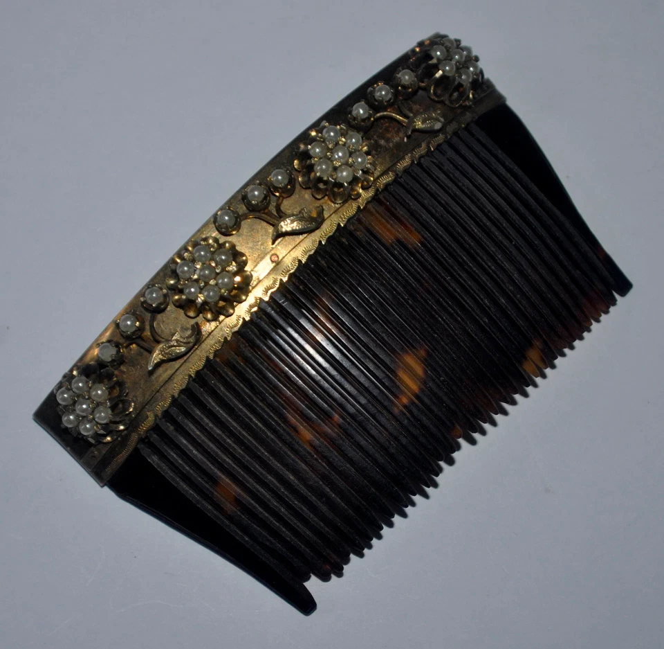 Philippine Heirloom Paineta Comb w/ Intricate Floral Seed Pearls SILVER 1920s #A Foto 2 de 4