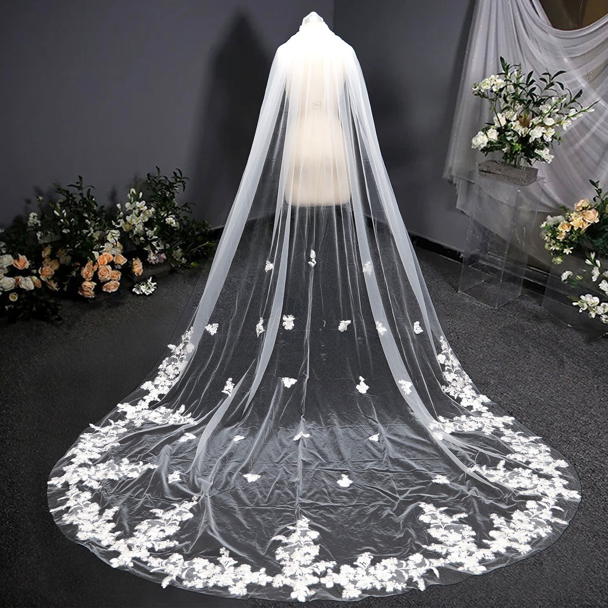 Wedding Veil Long Lace Edge Flower Applique Cathedral Bridal  display picture 3