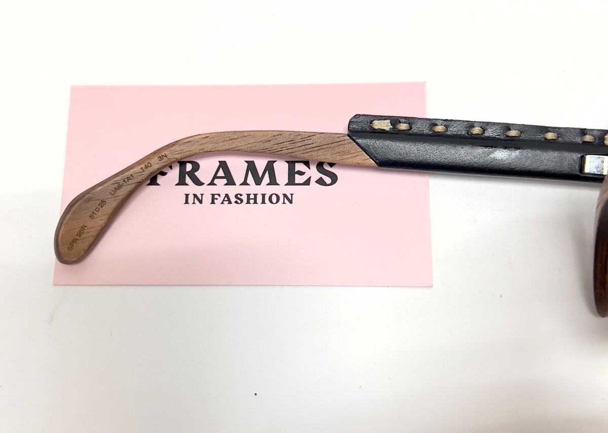 PRADA 26R RAW Nut Canaletto Black Leather Wood Sunglasses Square