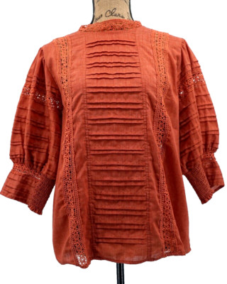 Ces Femme Women Top Small Rust Lace Ruched Embroidered Detailed Button Closure