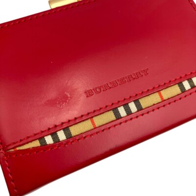 Burberry Red Leather Coin Purse Kiss Lock Wallet Nova Check Accent