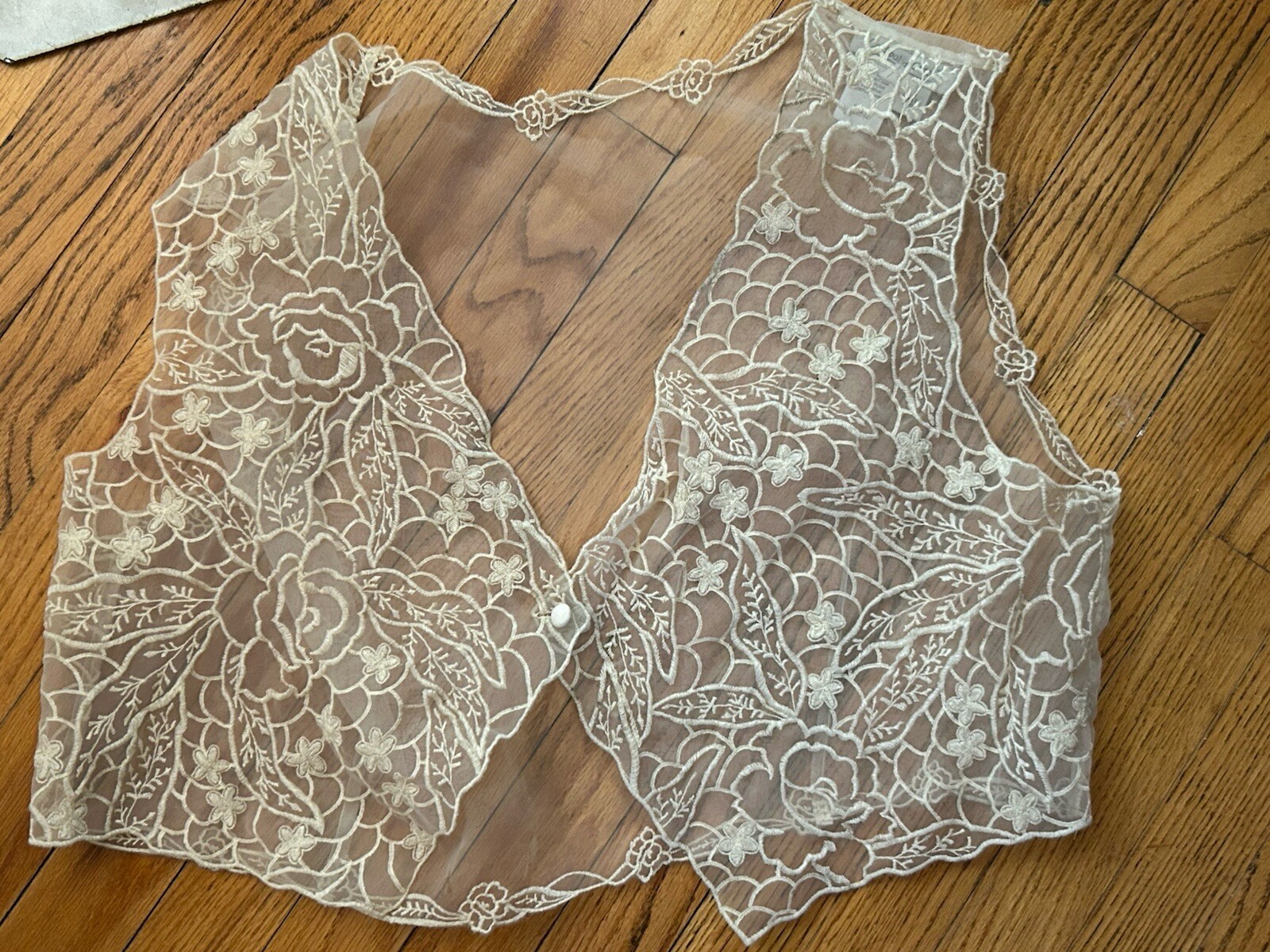 XL Ivory Feminine Organza Chiffon Blouse with Embroidered Floral Lace and Button Front Vintage Style-image
