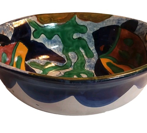 Mexican Talavera Folk Art Round Serving Bowl Hand Painted 9" Dia 3" D Fish Coral - Picture 3 of 10