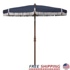 Beach Patio Umbrella W/ Fringe Adjustable Tilt Metal Frame 8 Ribs Outdoor Shade